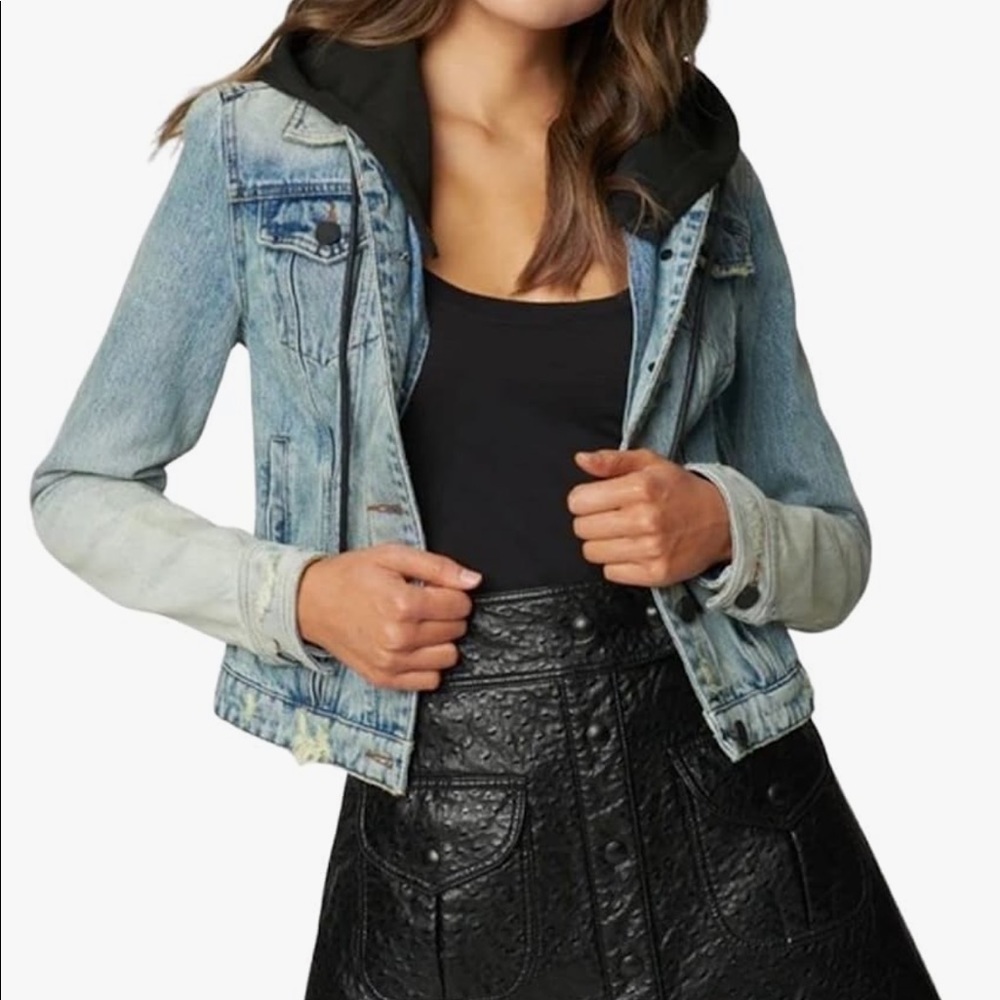 Jean jacket with attached black sweatshirt hood. Size small